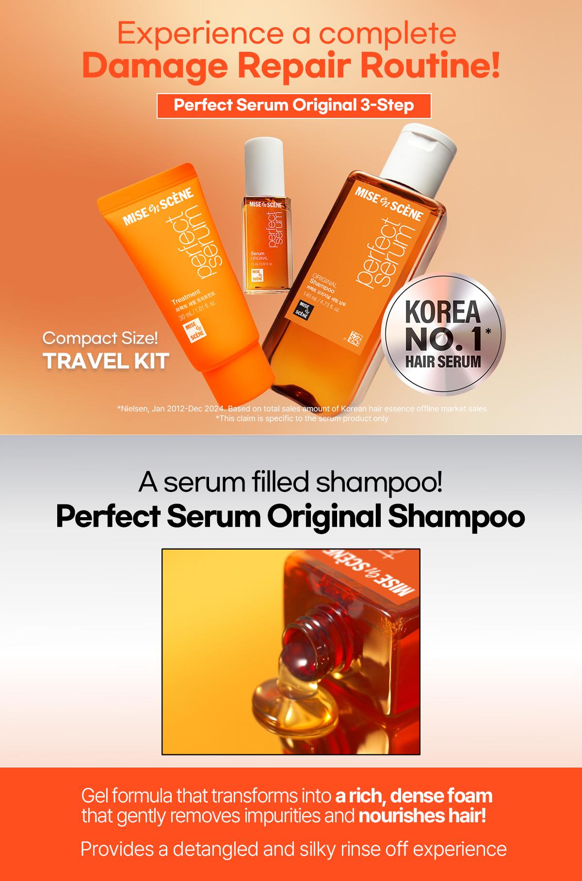 [Summervibes] Serum Starter Kit (2 Options) | Mise En Scène | Trial-Size Hair Serum+Shampoo+Treatment | Korean Hair Care for Damaged Hair, with Moroccan & Jojoba Oils, Glossy Shine