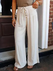Jet Stream Drawstring Elastic Waist Button Pleated Detail Wide Leg Pants, Button pleated details add chic texture to these casual women’s pants.