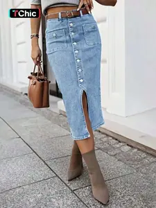 Women's Light Blue Split Hem Bodycon Midi Skirt, Chic Button Design Denim Half Skirt, Elastic Fabric, Perfect for Dates, New Year