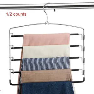 Anti-Slip Pants Hanger 1/2 Pcs/Set, Multi-Tier Swing Arm Clothing Organizer, Stainless Steel Space-Saving Hanger for Jeans, Pants, and Casual Trousers, Black Garment Storage Solution