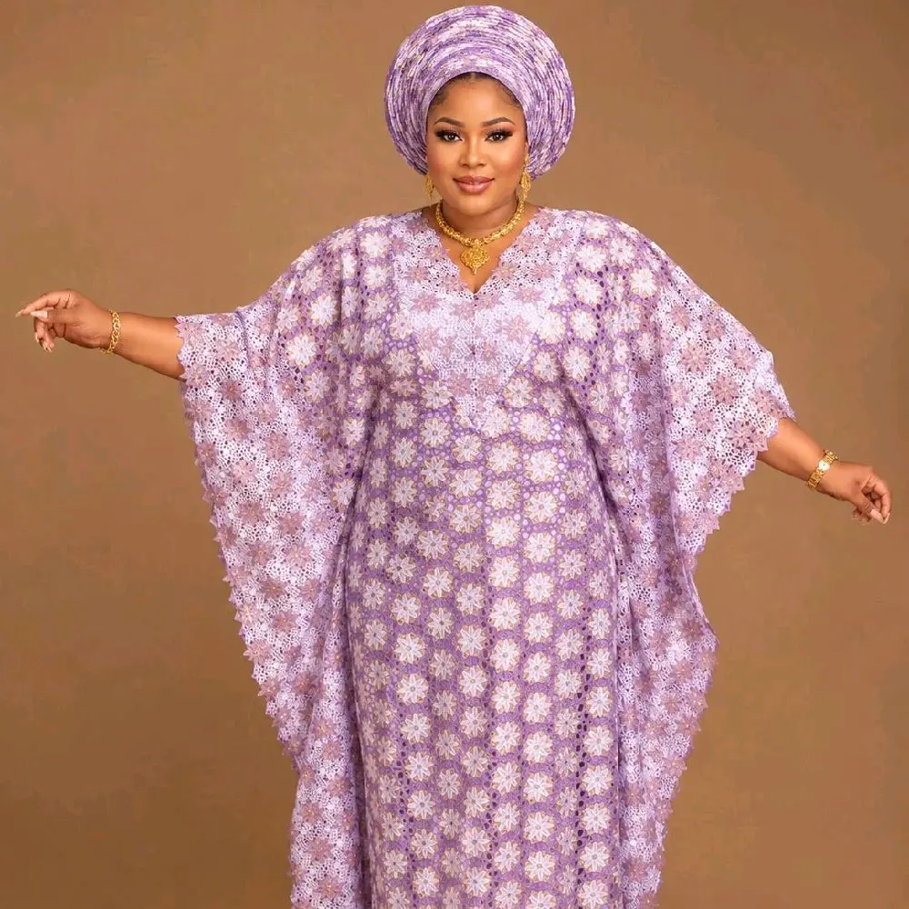 Lilac Cord Lace Boubou – Luxury African Kaftan | Free Size | Includes Inner Dress