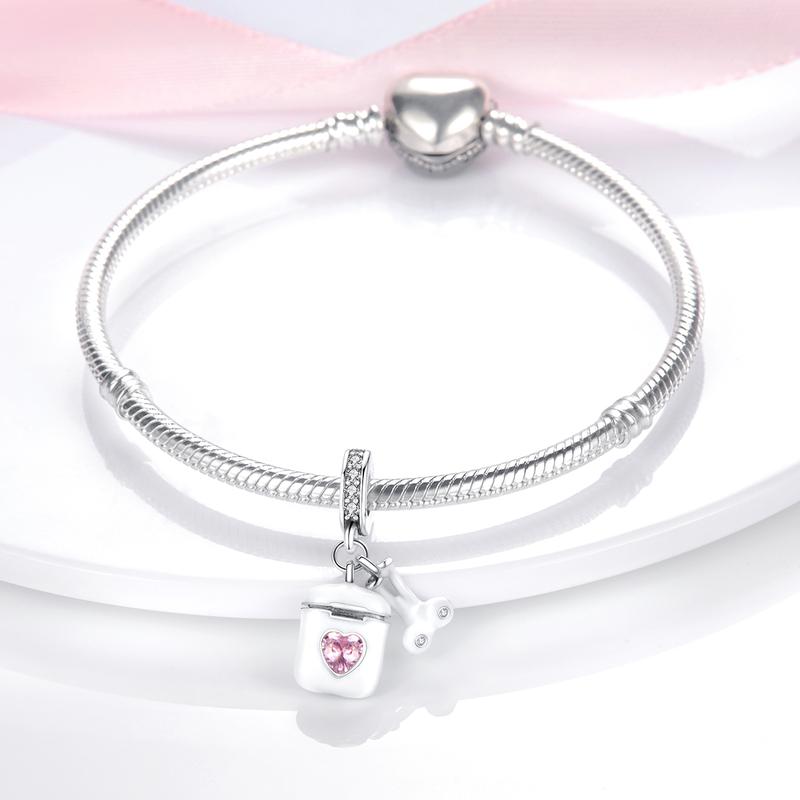 MULA 925 Sterling Silver wireless earbud charm | Heart-shaped pink zircon and enamel details | Music lovers and tech style jewelry | Perfect for Pandora bracelets and necklaces | A stylish gift for the modern woman