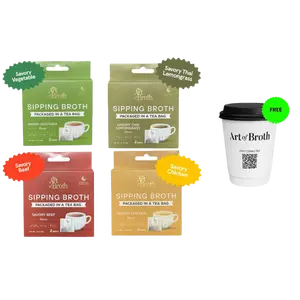 The Art of Broth Sampler Pack | 8 Single-Serve Broth Bags | 4 Flavors | Biodegradable Tea Bag | Chicken Beef Vegetable Thai Lemongrass | Satisfies Hunger | Calming Healthy Snack | Bone Broth Alternative | Plant-Based | No Caffeine | Unparalleled Flavor Fo