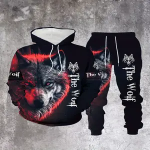 Men's 2-Piece Casual Streetwear Set, 2024 New Autumn/Winter Menswear, Animal Wolf Print Hoodie Top & Letter Print Sweatpants, Polyester Knit Fabric with Slight Stretch, Regular Fit Hooded Collar, Ideal for Weekend Casual Clothes