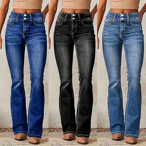 Vintage Stretch Denim Jeans for Women, New Spring Collection, Washed Street Style Flared Trousers