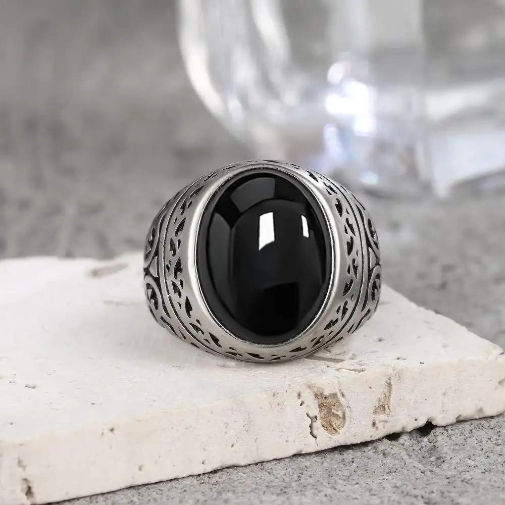 Vintage Sterling Silver 925 Ring with Large Natural Black Onyx Stone 10*14MM Oval Shape Fine Party Jewelry for Men.