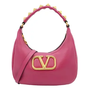 Pre-owned Valentino Leather Shoulder Bags Garavani VLogo Stud Hobo Bag Rose Pink