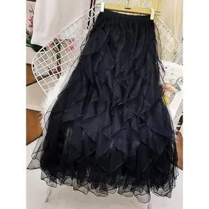 Women’s vintage ruffle tulle A-line skirt, elegant high-waisted midi skirt for parties, holidays, and wedding guests, ladies’ bottoms for all seasons