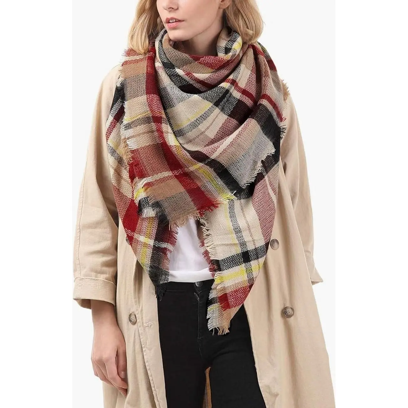 Women Plaid Blanket Scarf Soft Tassel Shawl Wrap Large Winter Warm Tartan Scarf for Outdoor Travel Casual Everyday Wear