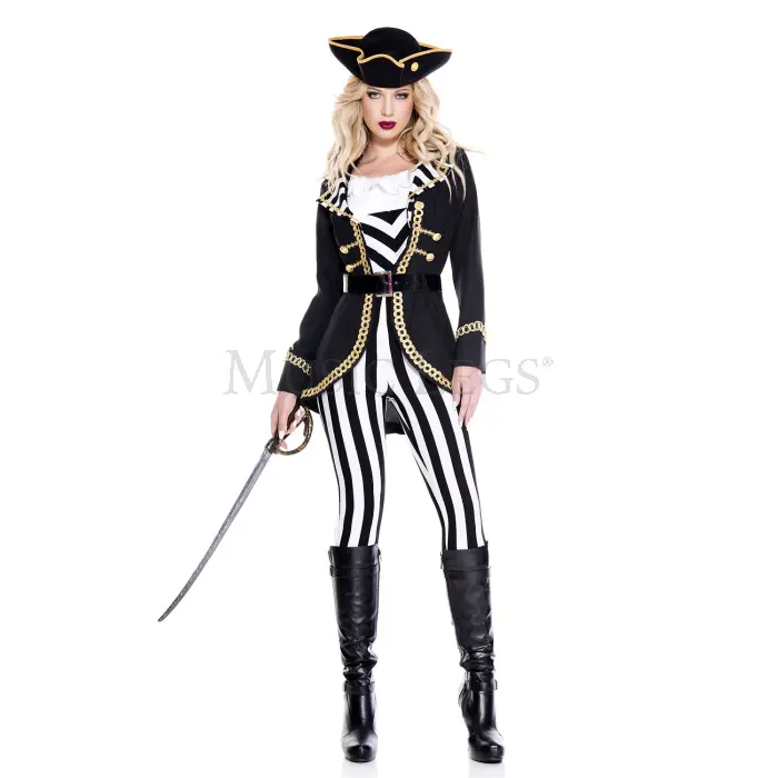 212 MAIN Pet Pirate Animal Costume Set - Black & White, Extra Large/One Size, 5-Piece Polyester Matching Set for Parties, with Embroidered Striped Top, Button Coat, Ruffled Accessories & Belt, Women's Clothing-Inspired Pirate Look