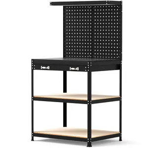COSTWAY - 32 x 16 Inch Workbench Work Table with 2 PCs Pegboard Drawer and Shelves-Black