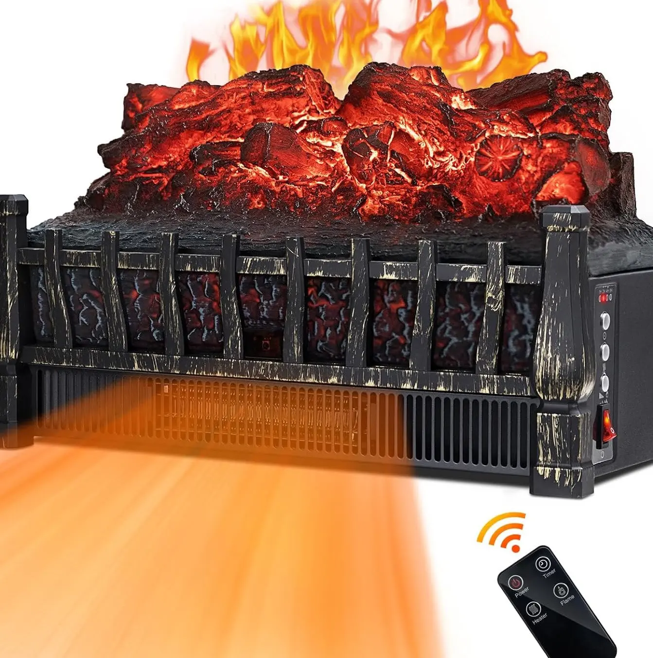 Electric Fireplace Log Set Heater, 21 Inch, with Remote Control, 8H Timer, Realistic Flame,Black, New