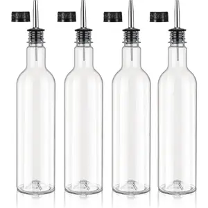 4 Pack 25 oz Plastic Syrup Bottles Long Neck with Stainless Steel Leakproof Tapered Spout Pourer and Cap Container for Alcohol Juice Coffee Home Bar Bartending Supplies