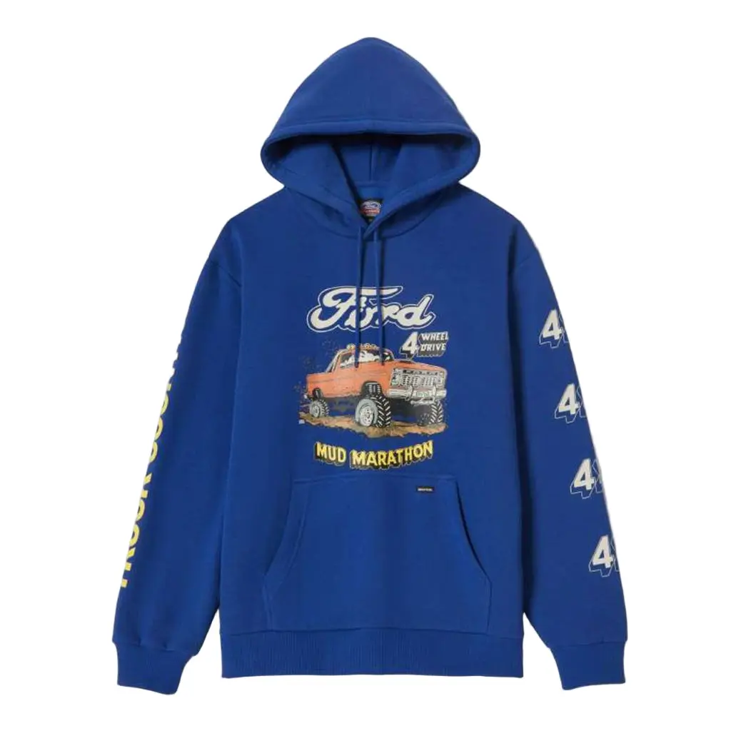 Brixton Men's Relaxed Fit Medium-Weight Recycled Polyester-Cotton Fleece Pullover Hoodie, Ford 4x4 Artwork Print, Adventure-Themed Mud Marathon Inspired, Outdoors Casual Long Sleeve Menswear Top