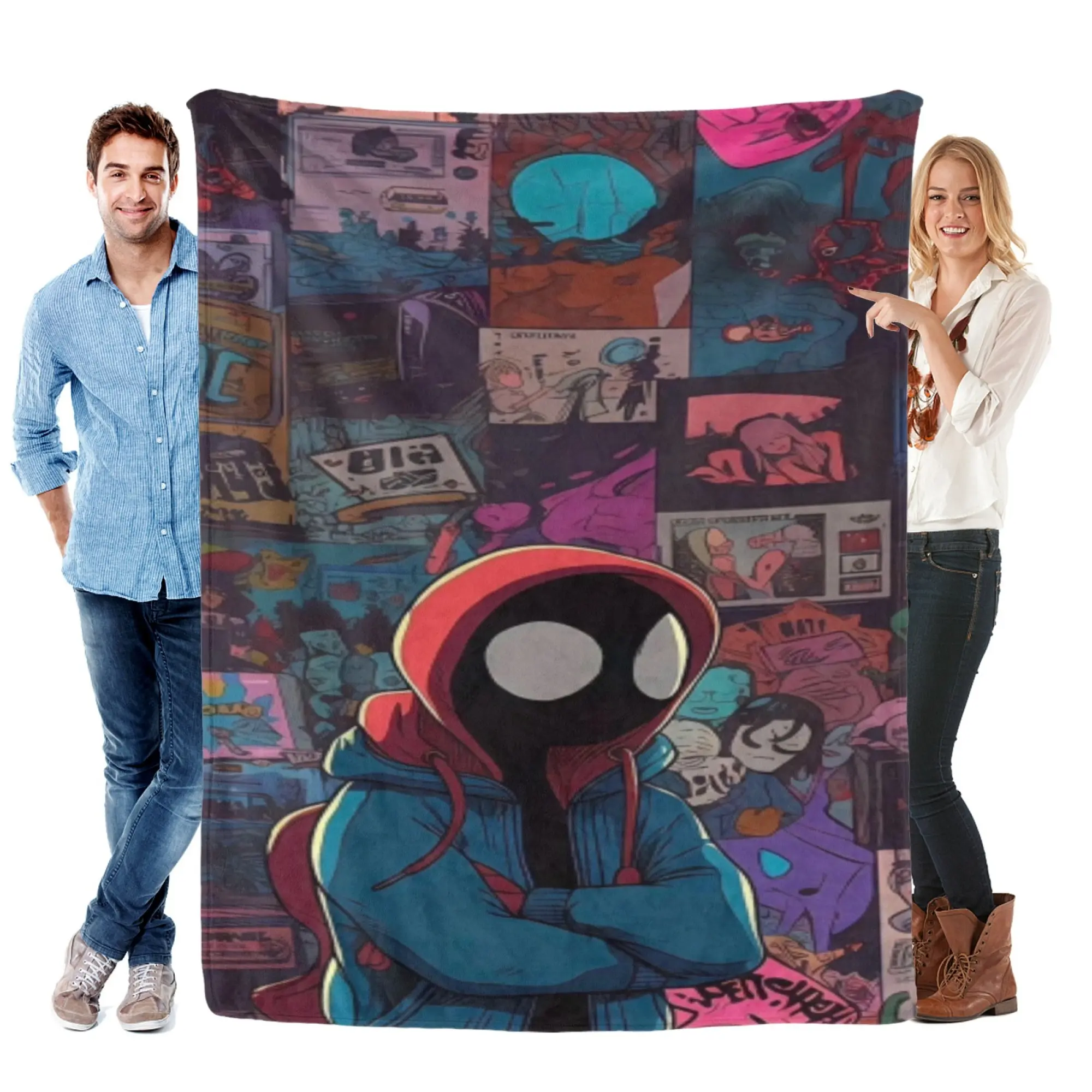 [SummerVibes] Marvel Urban Spider-Man Comic Collage Flannel Blanket, Soft 2D Printed Throw for Teens, Home, Bed & Couch