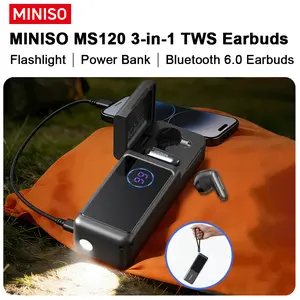 MINISO MS120 3-in-1 TWS Earbuds, Bluetooth 6.0, built-in high-power flashlight with three adjustable modes (steady on/flashing), 2000mAh power bank, suitable for outdoor hiking and sports, built-in microphone, HD calling.