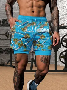 Men's Chicago Printed Two-Layer Gym Shorts, Quick-Dry Inner Lining, Fitness Running Beach Pants, Anti-Slip Training Swimwear, Breathable Athletic Shorts