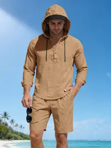 Men's Linen Hooded Set, Breathable Textured Fabric, Loose Fit, Summer Vacation Commute Daily Comfort, Versatile Casual Two-Piece