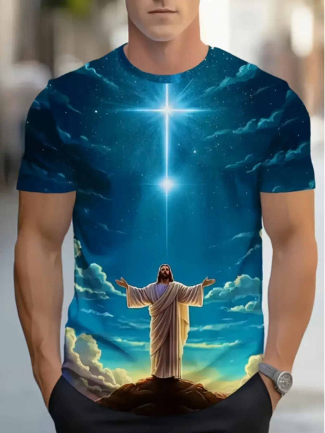 Men's Jesus Prayer Pattern Print T-Shirt, Breathable Summer Casual Short Sleeve Round Neck Top, Fitted Long Clothing for Daily Wear Menswear