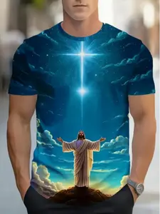 Men's Jesus Prayer Pattern Print T-Shirt, Breathable Summer Casual Short Sleeve Round Neck Top, Fitted Long Clothing for Daily Wear Menswear