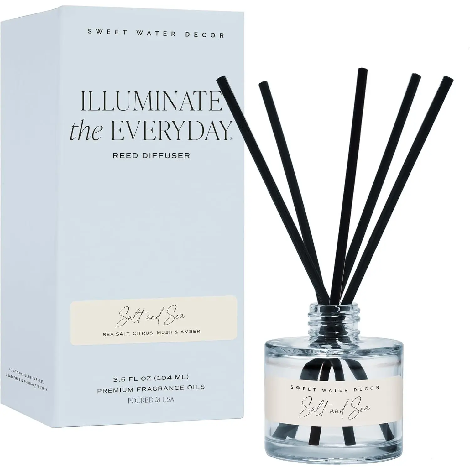 Sweet Water Decor Scented Salt and Sea Reed Diffuser Set Pack, 3.5 fl oz Blue Tinted Glass Bottle, Sea Salt Citrus & Musk Amber Fragrance, Long-Lasting Non-Toxic Oil Diffuser for Home, Poured in the USA, Glass Jar