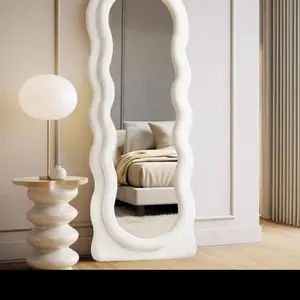 Full Length Mirror Irregular Full Body Wall Mounted Floor Mirror With Stand Pink Flannel Frame Leaning Hanging For Bedroom Entrance