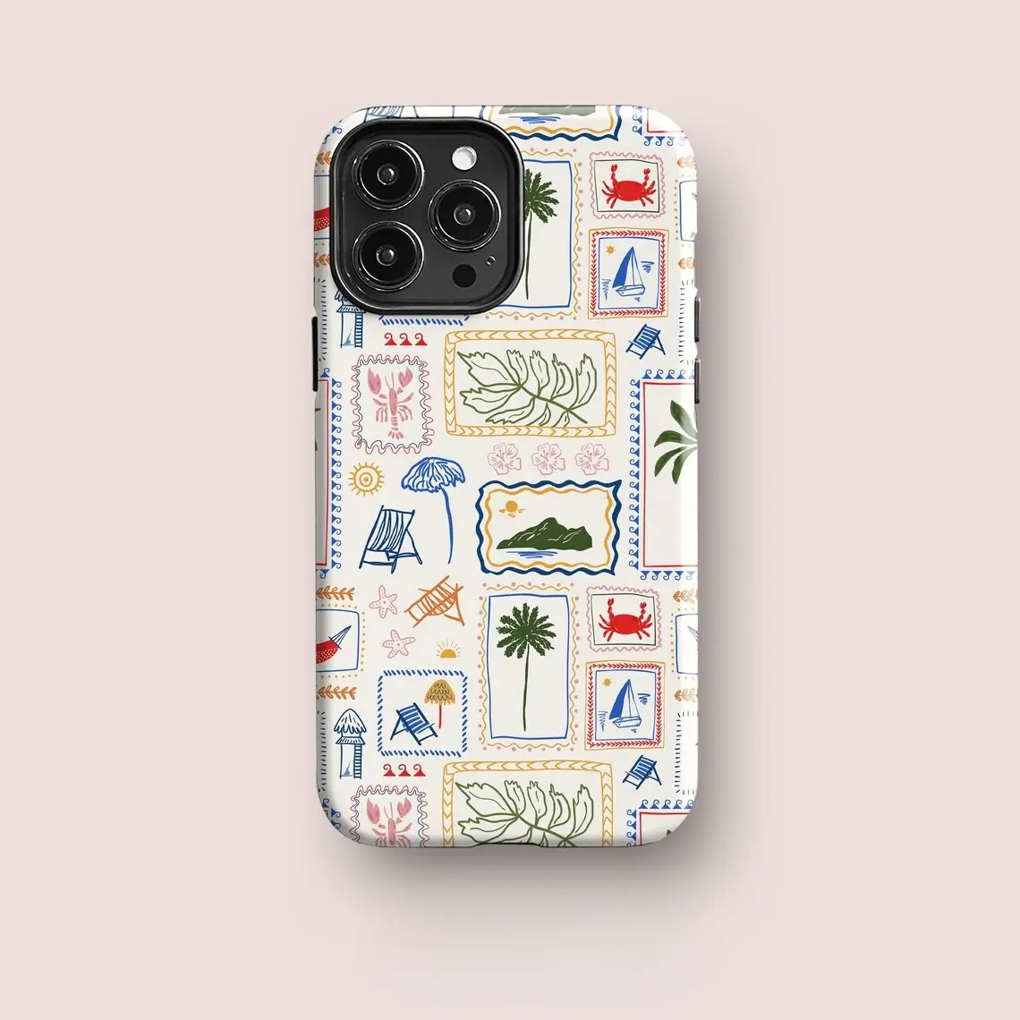 Mediterranean summer patchwork phone case, durable and stylish Mediterranean-themed phone case, 2-in-1 protective case, compatible with iPhone 17/16/15/14/13/12/11 Pro Max/Plus/Pro, and Samsung Galaxy S25/S24/S23 Ultra series.