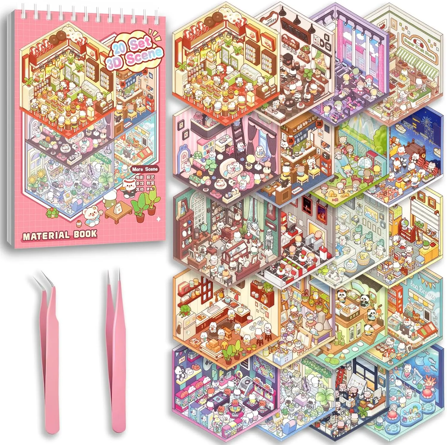 Scene Sticker Book for Kids, 20 Sets of 3D Sticker Scenes for Adults Fun Mini Cute Kawaii Stickers Therapy 3D Scenes Stickers Set Relief Stress Pass The Time, Holiday & Christmas Fun