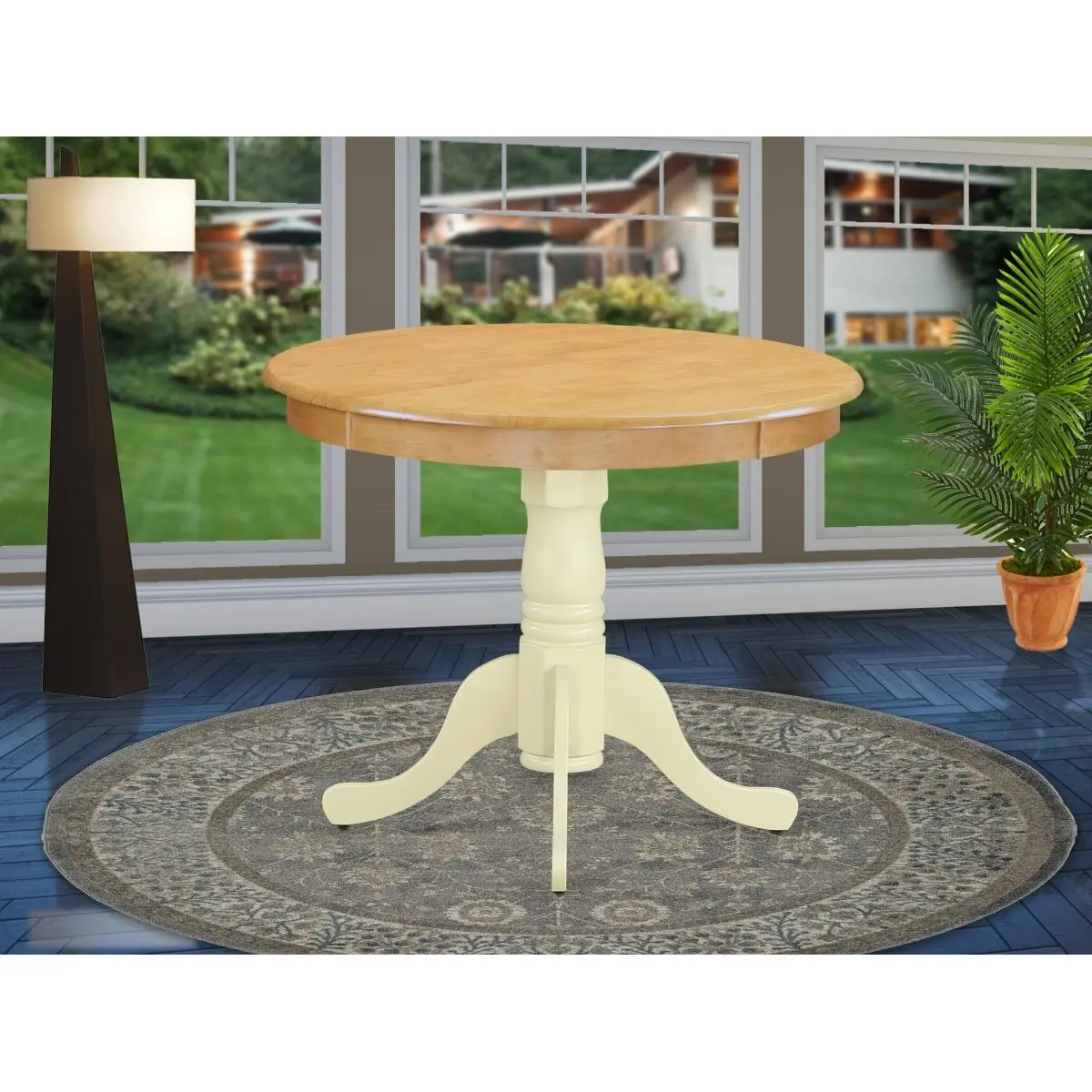 East West Furniture 36 in. Antique Round Oak Wood Indoor Dining Table - Rounded Edges, Buttermilk Accent Details, 87 lbs, Classic Arc Edge Circular Detail Dining Room Furniture, Classic Dining Room Furniture