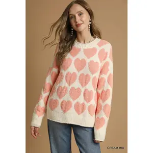 Umgee Mix Heart Pattern Pearl Accent Sweater