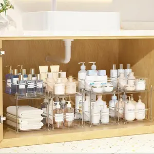 Clear Under Sink Storage Box, 2/4 Counts 2 Layers Pull Out Storage Box, Home Organizer for Kitchen Bathroom Living Room