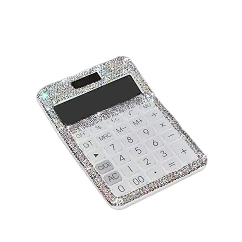 Rainbow Crystal AB Rhinestones 12-Digit Dual-Powered Solar-Battery Office Calculator with LCD Display, Soft Buttons - Perfect Gift for School Use, Automotive & Motorcycle Wheels/Rims Accessories Support Tool