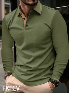 Men's High-Quality Polo Shirt, Casual Contrast Color Splicing Long Sleeve, Four Button Spring Autumn Fashion, Golf Wear