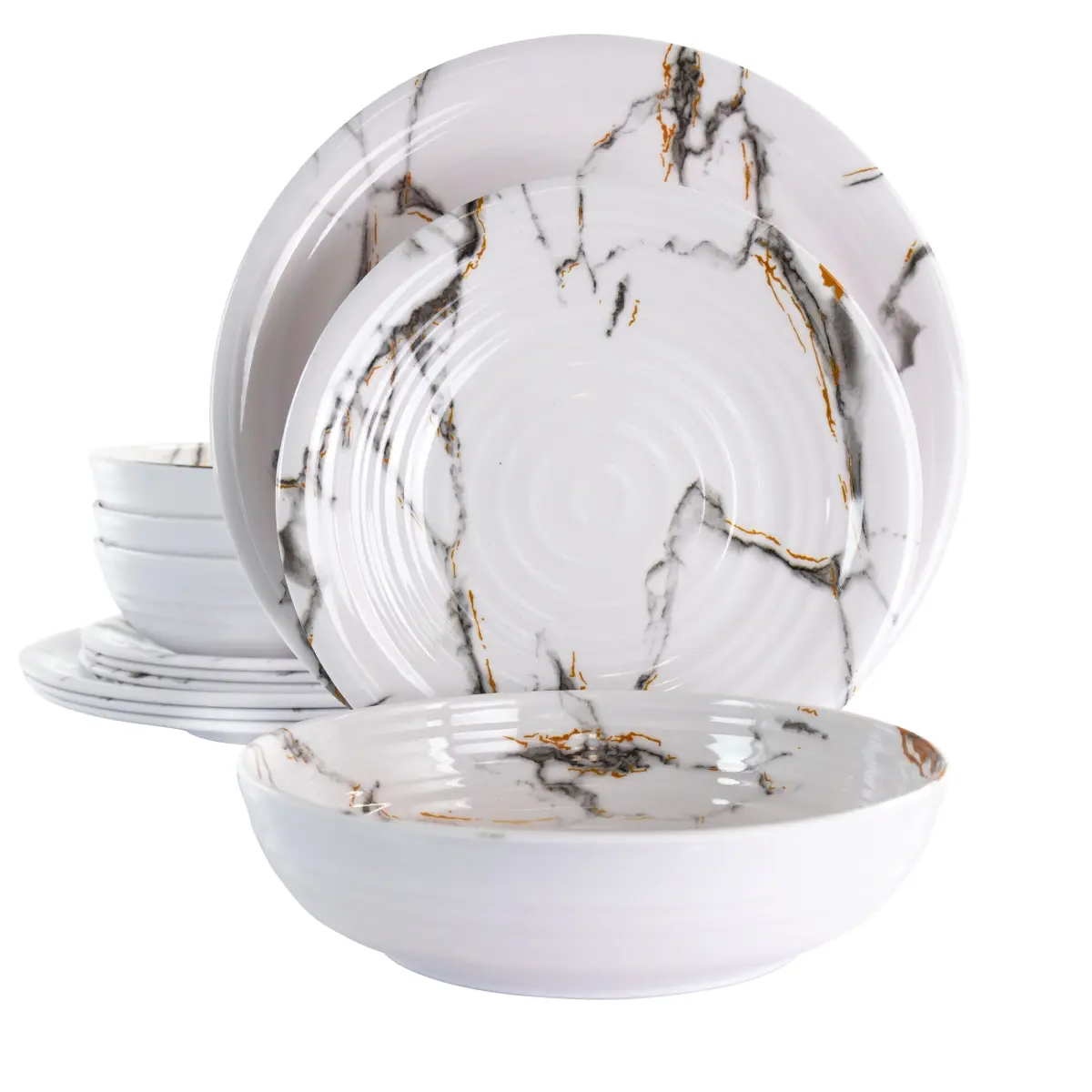 212 MAIN 12-Piece Marble-Like Melamine Dinnerware Service Set - Lightweight, Shatterproof Tableware Kit with Plates, Rack, Cutlery for Everyday Daily Use, Pool Party, Child