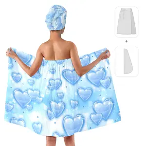 2-piece Blue bubble heart Bath Wrap with Matching Hair Drying Cap – Soft Polyester Quick Dry Shower Towel Skirt Set Towel Wrap for Women After Shower Plush Bath Robe Female，Sauna Spa Wrap Around Towels With Pockets Absorbent Thickened Towels