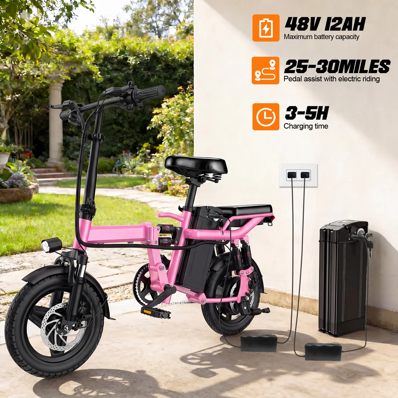 750W Compact Folding Electric Bike for Adults - 24MPH Off Road Ebike, 48V 12Ah Removable Battery, 14" All-Terrain Tires, 8-System Shock Absorption, Full Suspension, Dual Disc Brakes, Commuter Bicycle for Men & Women, Compact Folding Bikes, Fast Charging,