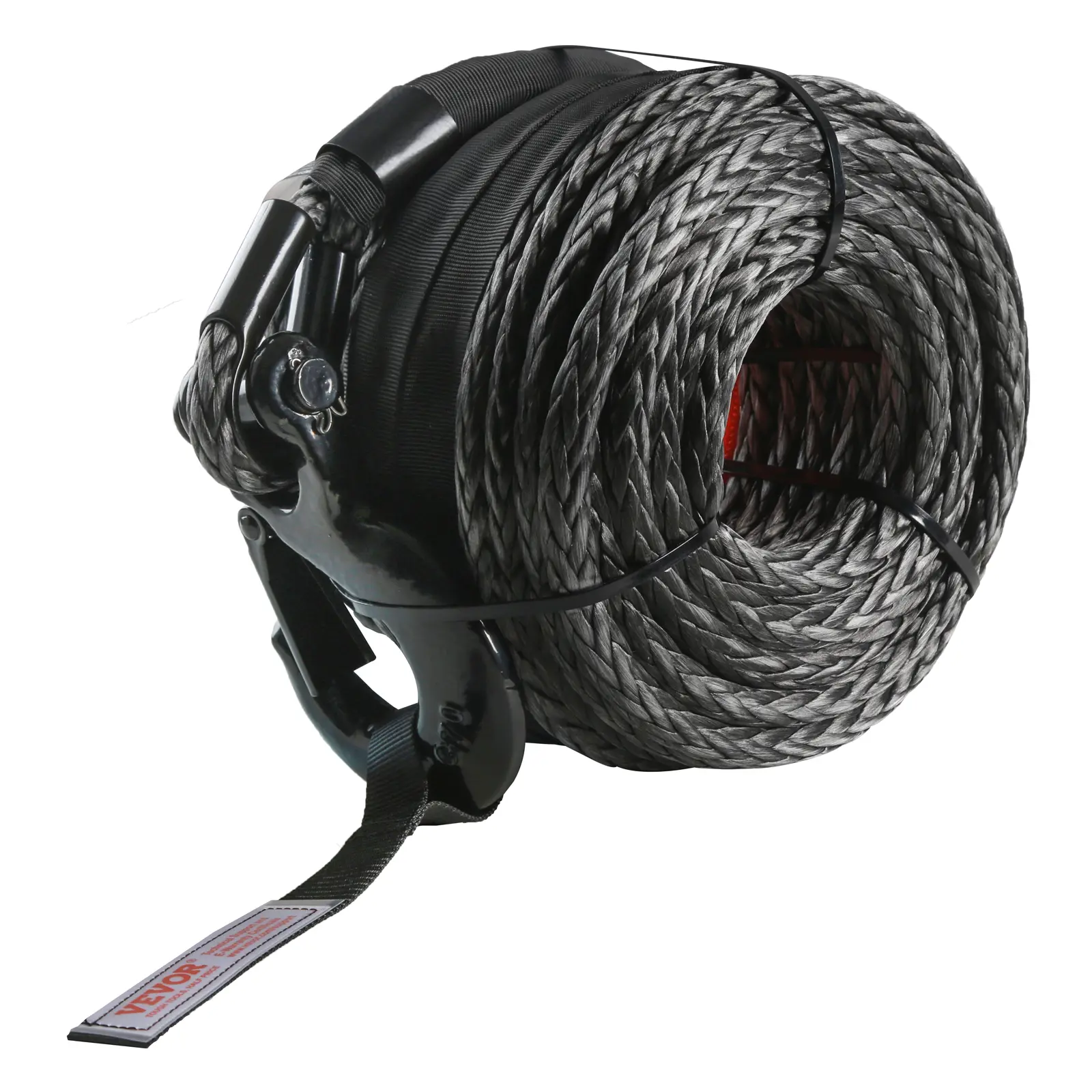 【Summerfinds】VEVOR Synthetic Winch Rope,3/8 Inch x 100 Feet 26,500 lbs Synthetic Winch Line Cable Rope with Protective Sleeve + Forged Winch Hook + Pull StrapUniversal Fit for SUVLarge Off-Road VehicleTruck
