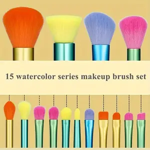 15Pcs Candy Color Makeup Brush Set – Full Watercolor Beauty Kit for Beginners – Soft Synthetic Bristles, Powder/Blush/Eyeshadow Brushes – Colorful Gift Set