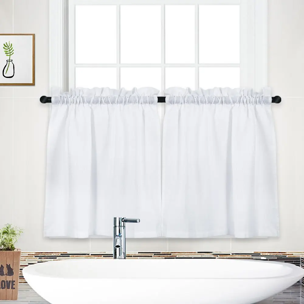 Waterproof Waffle Weave Tier Curtains 30x24" - Kitchen/Bathroom Cafe Window Covering, White (2-Pack)
