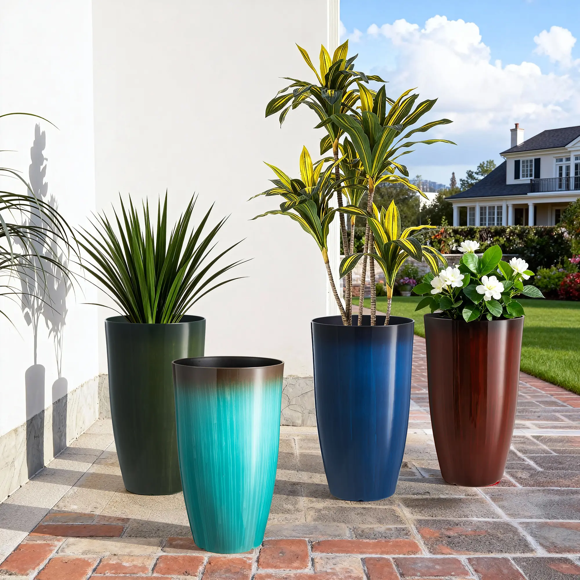 Glitzhome 23.5"H Set of 2 Oversized Gradient Cobalt Blue Faux Ceramic Tall Plastic Planter
