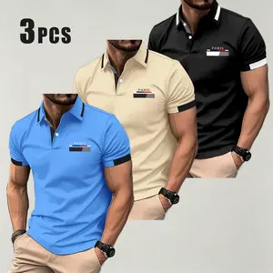 3-piece men's Paris printed polo shirt with contrasting collars, short sleeved T-shirt, summer business casual top