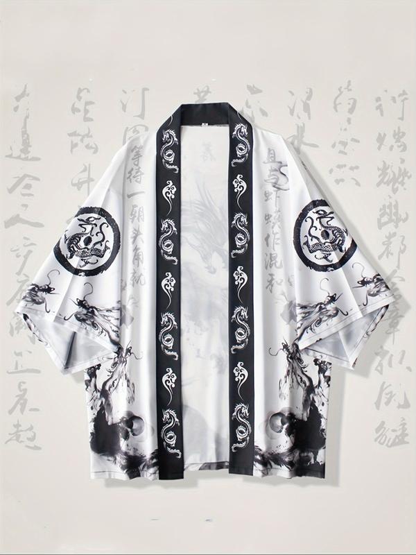 Men's Hanfu Open Front Cardigan, Loose Fit Lightweight Breathable Kimono Style Shirt, Japanese Dragon Print Streetwear Casual Wear