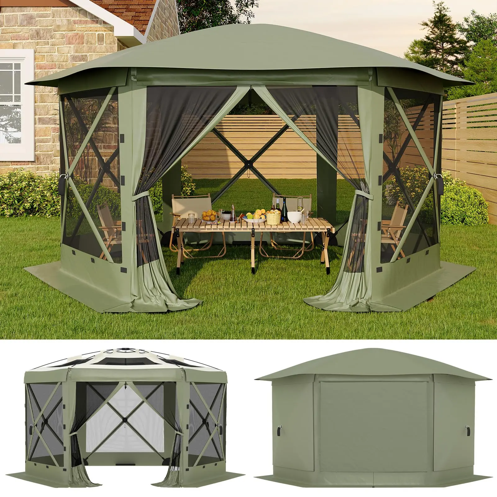Pop Up Gazebo Screen Tent 11x11 ft with Removable Canopy Top – Quick-Set 6-Sided Bite-Proof Sun Shade Tent, All-Weather Outdoor Canopy Shelter for Camping, Backyard, and Patio,Green