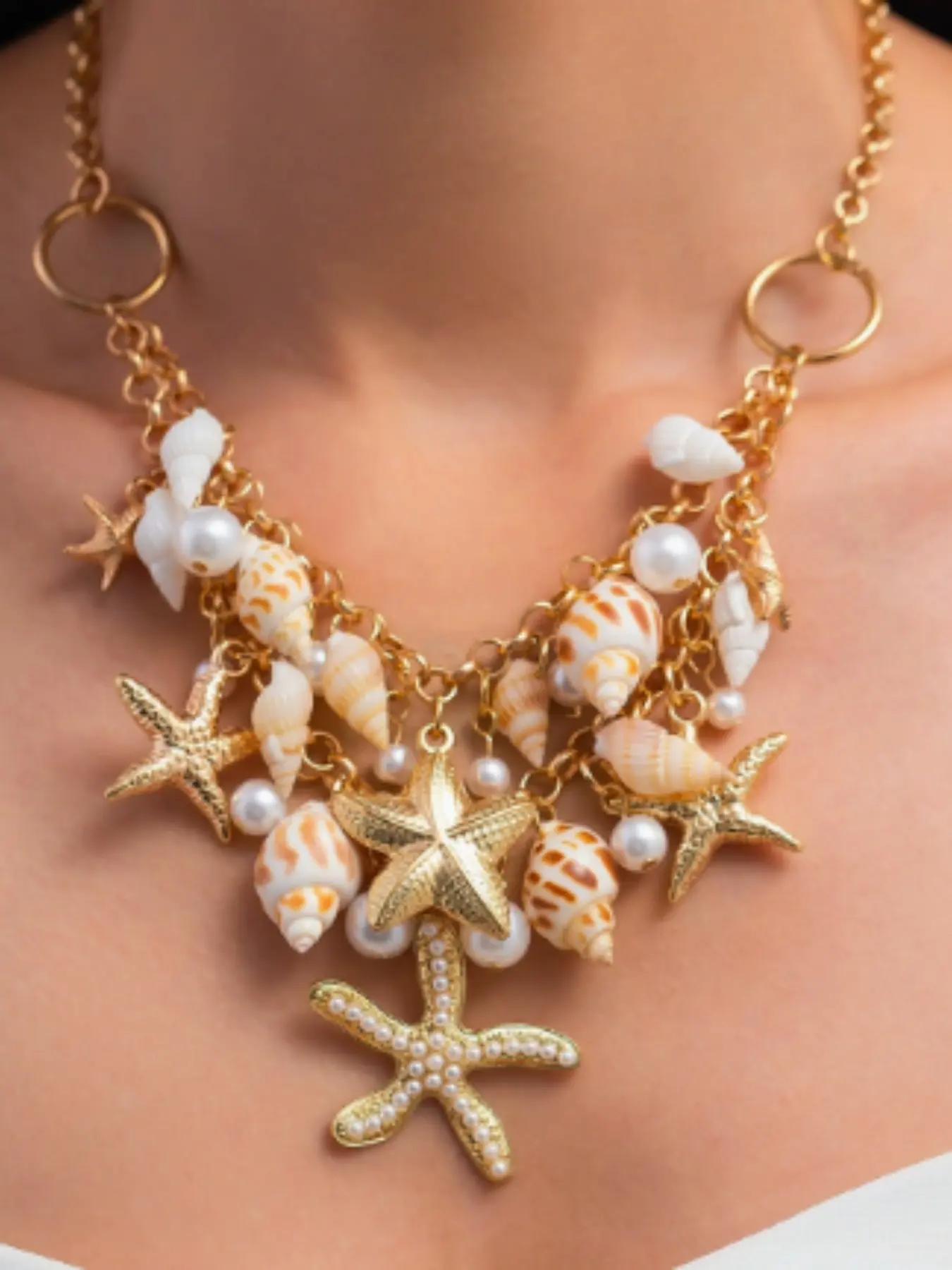 European and American Ocean Style Women's Necklace Bracelet Set Personalized Starfish Shell Set with Pearl Design Neck Chain Jewelry, Seashell Necklace Set, Fashionable Jewelry Set, Trendy jewelry set