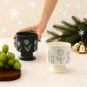 2/4count Stackable Floral Ceramic Mug Set-Coffee Cups, Ice Cream Cups, Incense Cups, Black & White Floral Couple Cups. Space Saving, Festive & Holiday Mug For Home & Office, Microwave & Dishwasher Safe, Thanksgiving & Christmas.