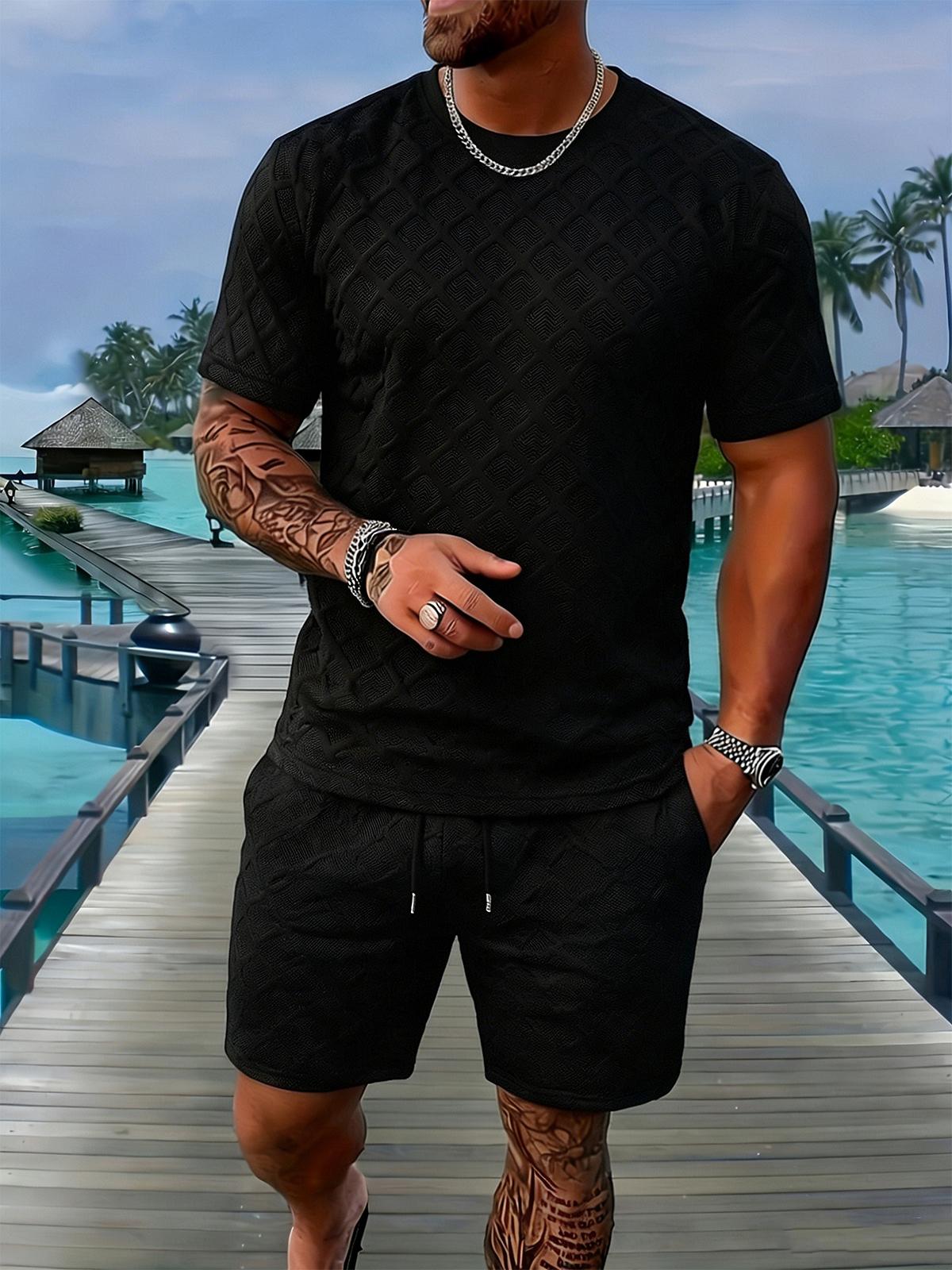 Tropical Getaway Mens Textured Diamond Weave Loungewear Set Loose Fit Lightweight Fashion Outfit for Resort Wear and Street Style