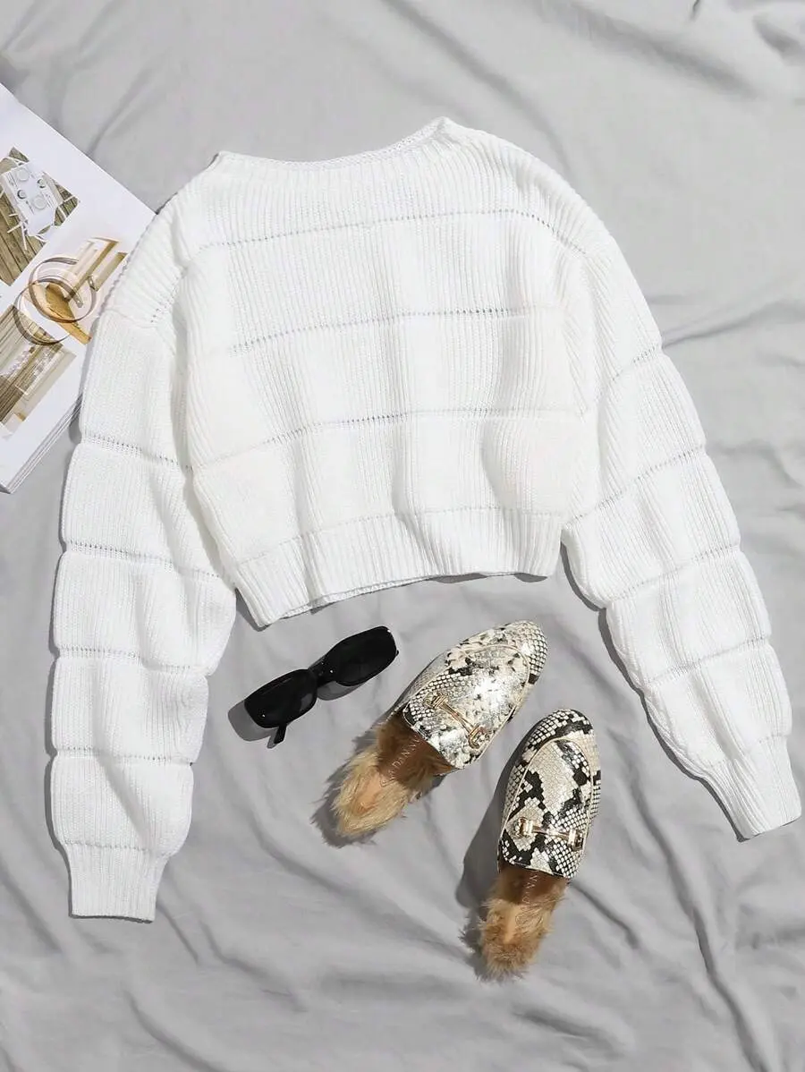 Sugar Women Ribbed Knit Solid Crop Sweater - Women's Long Sleeve Cropped Pullover Top - Casual Basic Fall Winter Jumper - Trendy Y2K Aesthetic Cozy Knitwear Everyday Essential Layering Outfit Cute Autumn Clothes