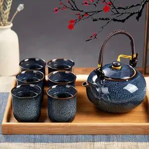 1 Set, Japanese Tea Set Traditional, Chinese/Asian Tea Sets for 6 Adults, Include 1 Teapot, 6 Tea Cups, Porcelain Tea Pot And Tea Cups, Large Teapot, Gifts for Tea Lover, Birthday (No Tray) Metal