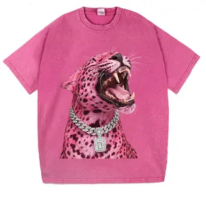 Vintage Pink Roaring Cheetah & Full-Diamond Chain Print Washed Short-Sleeve T-Shirt