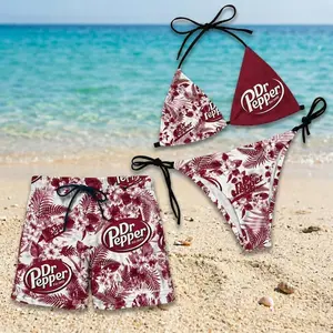 Ver 2 Dr Pepper Couples Matching Swimwear Set, Tropical Bikini and Men Swim Shorts, Beach Vacation Pool Party Summer Outfit Gift Set